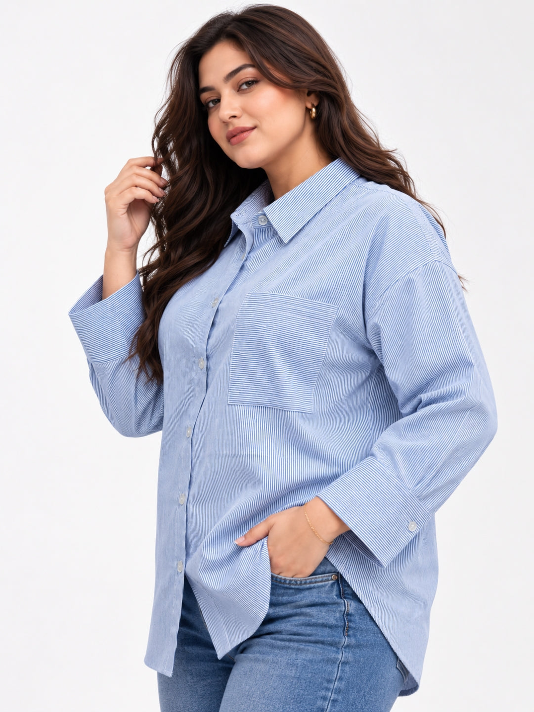 Women's Plus Size Sky Blue Vertical Stripes Casual Shirt