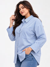 Women's Plus Size Sky Blue Vertical Stripes Casual Shirt
