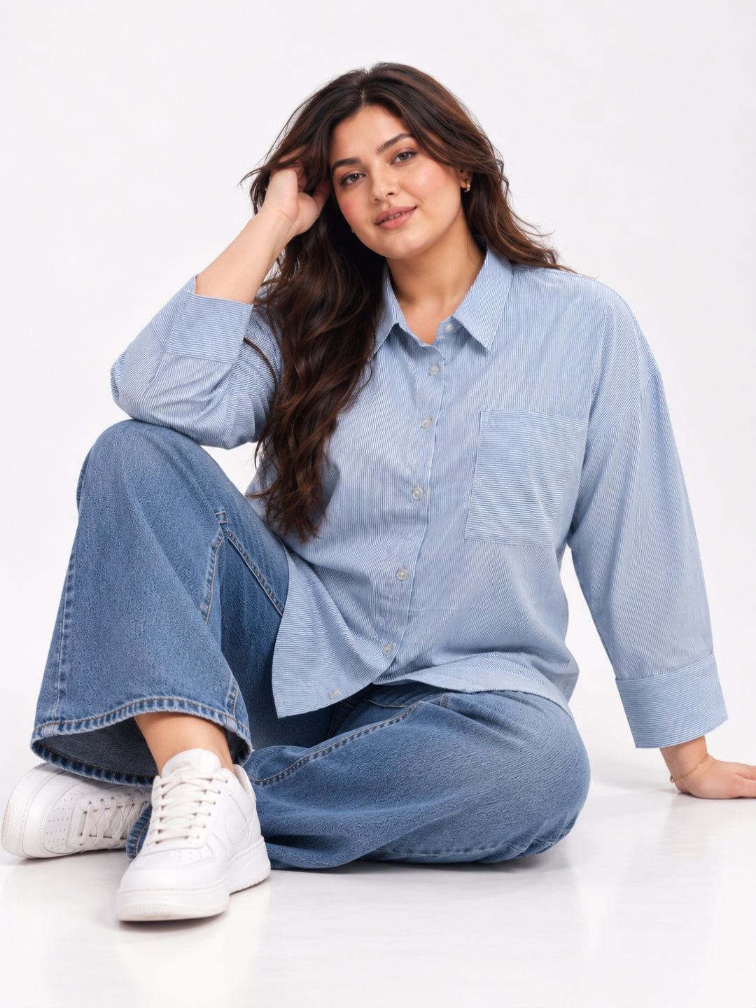 Women Plus Size Blue Striped Full Sleeve Button-Down Shirt