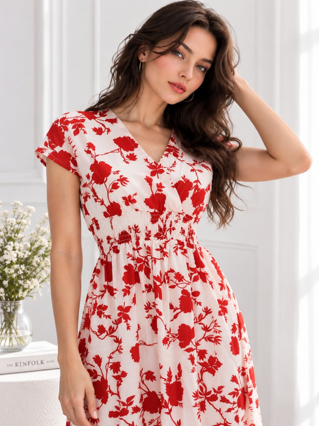 Clobug Women Short Sleeve Printed Midi White Dress