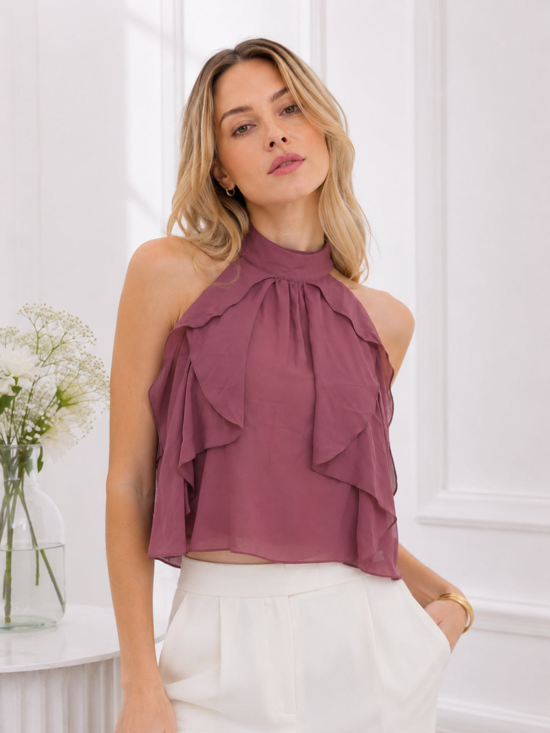 Clobug Women Halter Neck Mauve Top