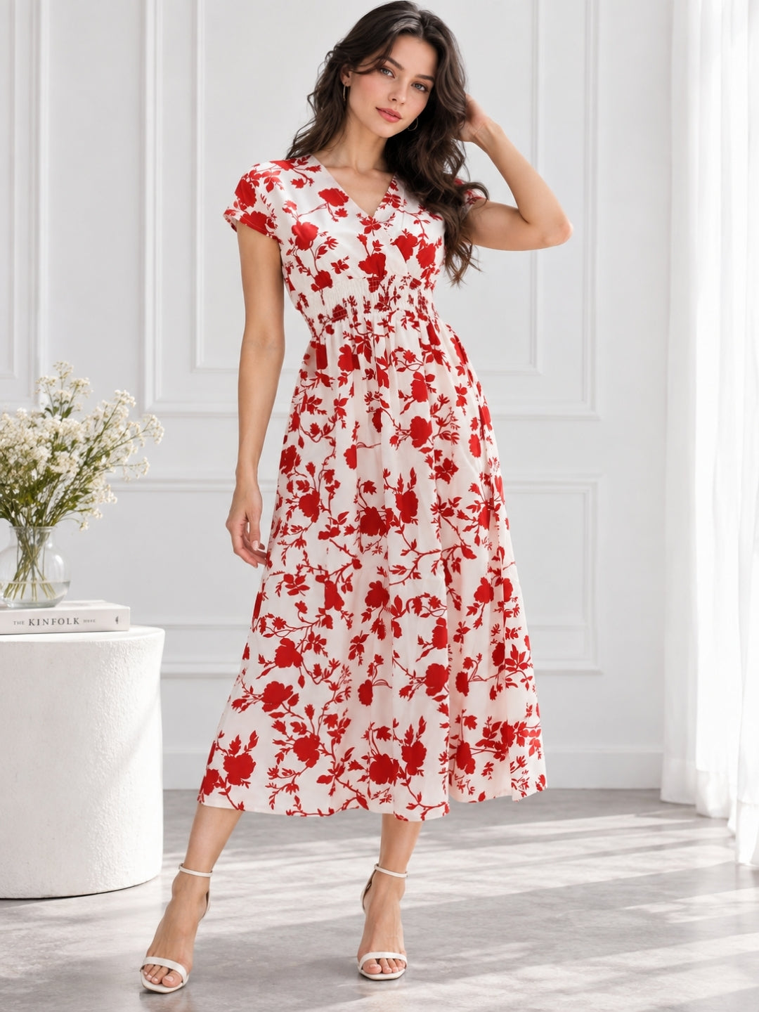 Clobug Women Short Sleeve Printed Midi White Dress