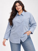 Women's Plus Size Sky Blue Vertical Stripes Casual Shirt