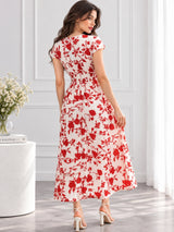Clobug Women Short Sleeve Printed Midi White Dress