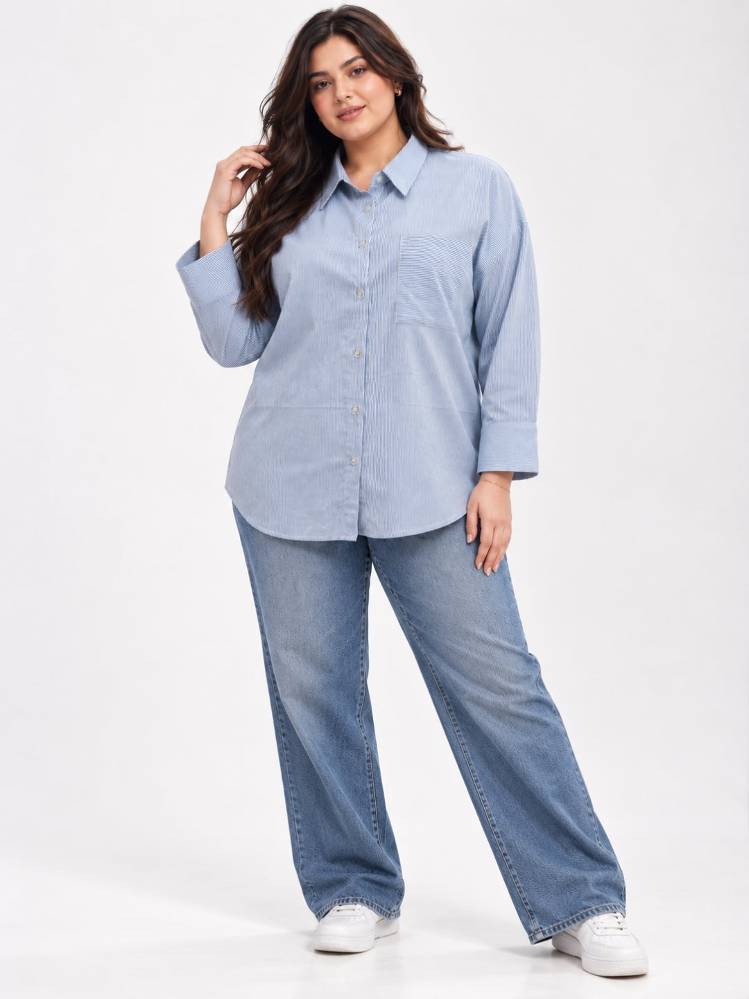 Women Plus Size Blue Striped Full Sleeve Button-Down Shirt