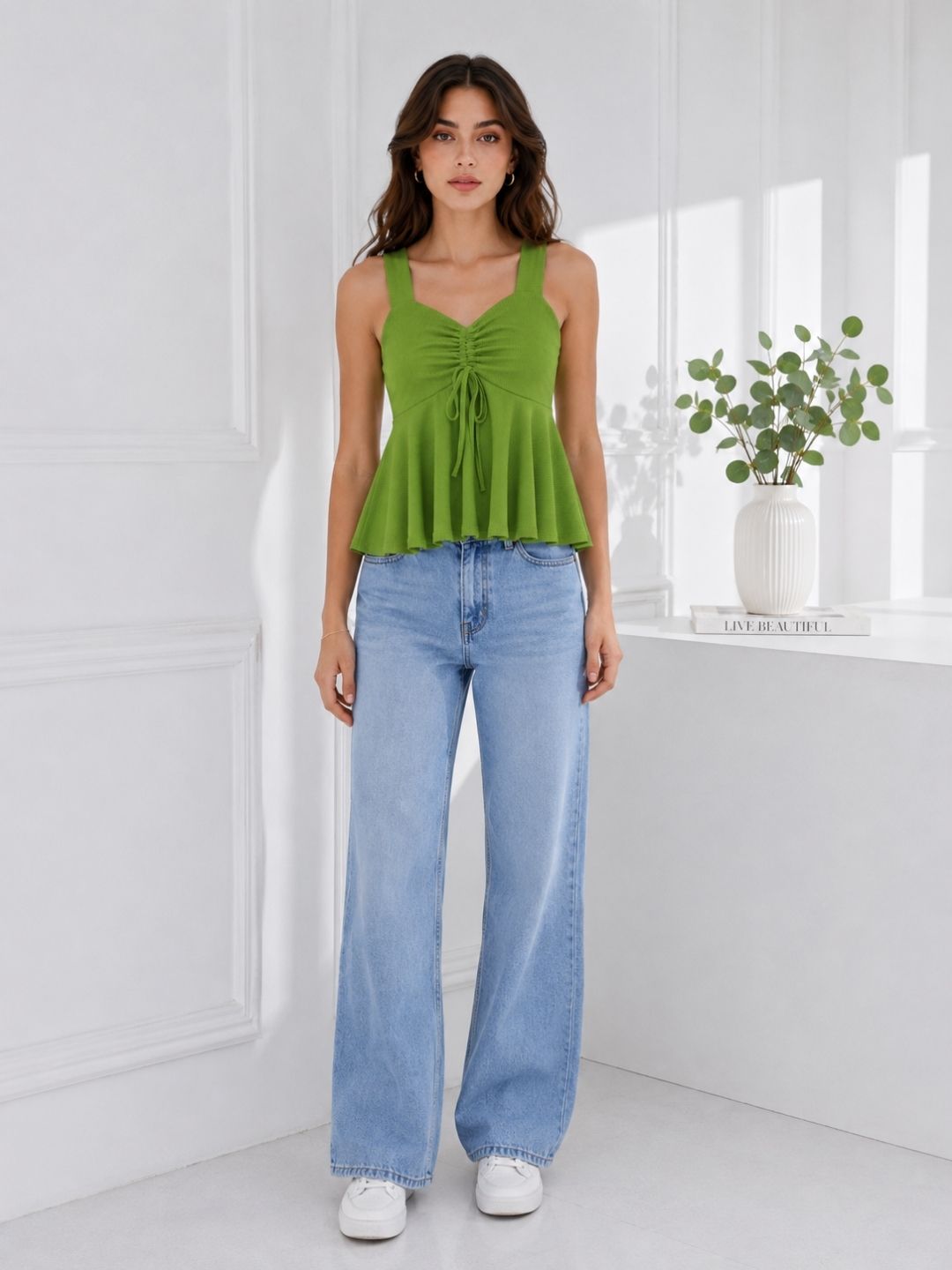 Women's Green Ribbed Peplum Sleeveless Top