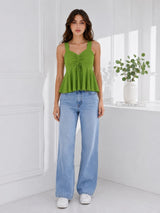 Women's Green Ribbed Peplum Sleeveless Top