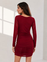 Clobug Women Square Neck Full Sleeve Bodycon Mini Dress