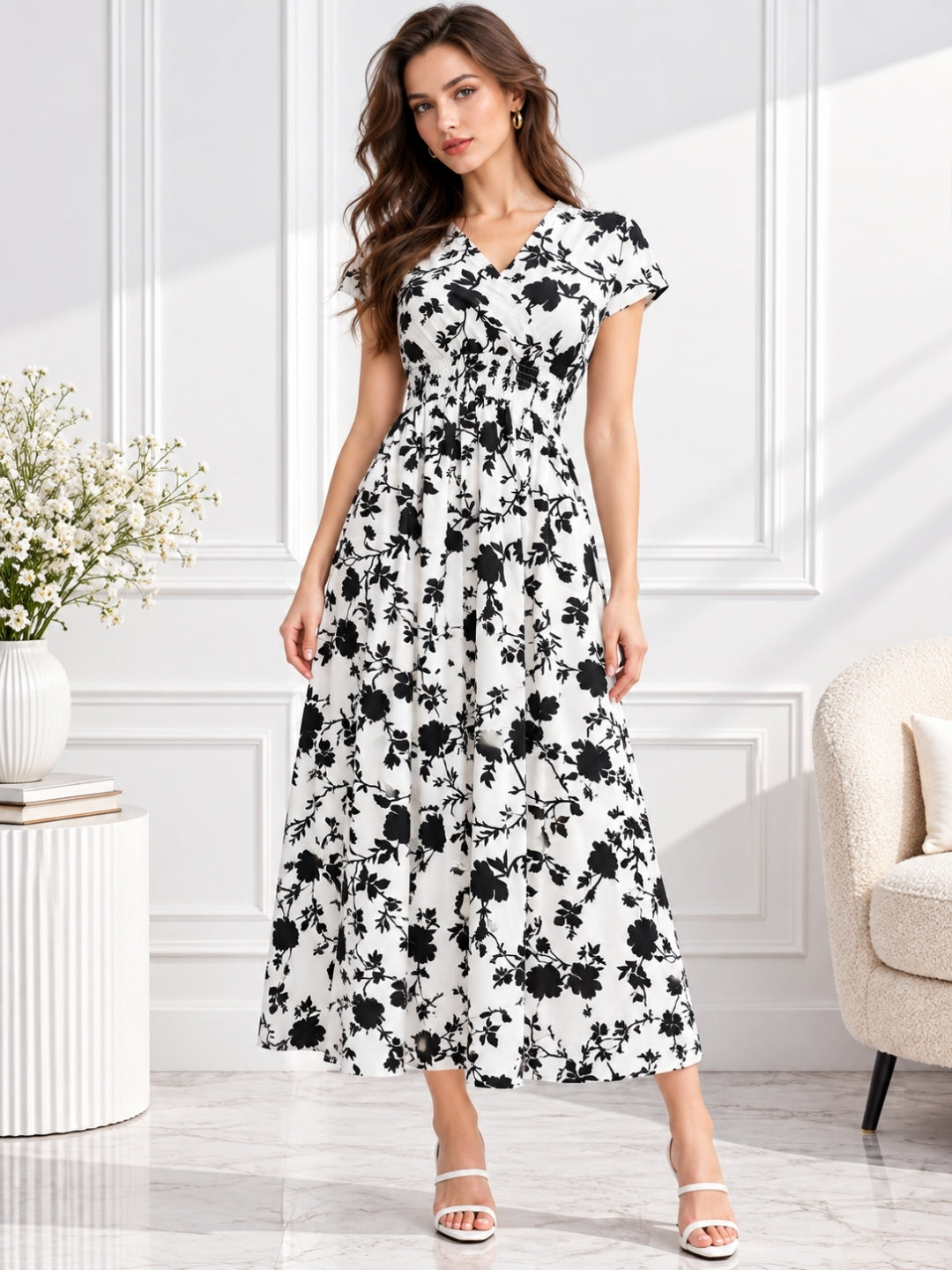 Clobug Women Short Sleeve Printed Midi White Dress