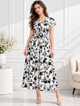 Clobug Women Short Sleeve Printed Midi White Dress