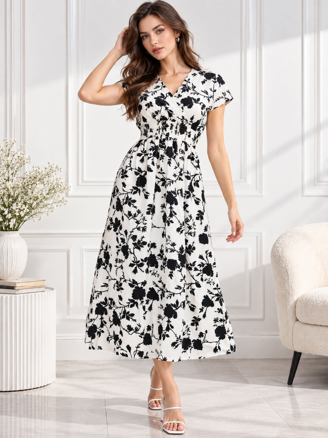 Clobug Women Short Sleeve Printed Midi White Dress