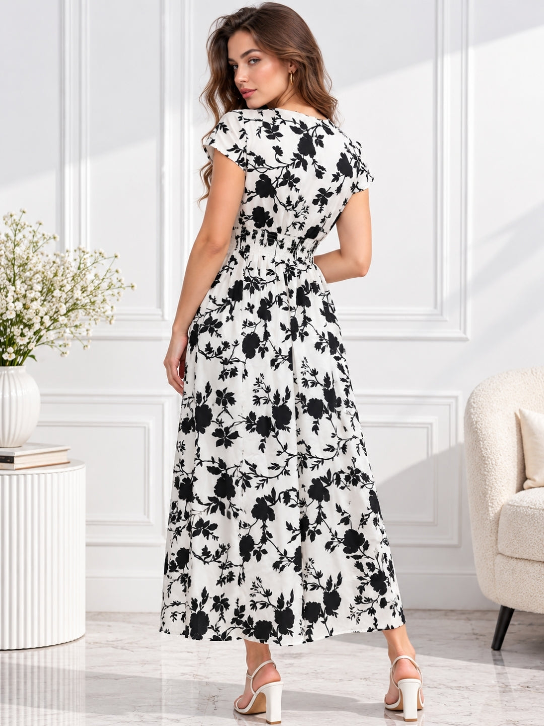Clobug Women Short Sleeve Printed Midi White Dress