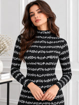 Clobug Women's Printed High-Neck Long Sleeve Bodycon Midi Dress