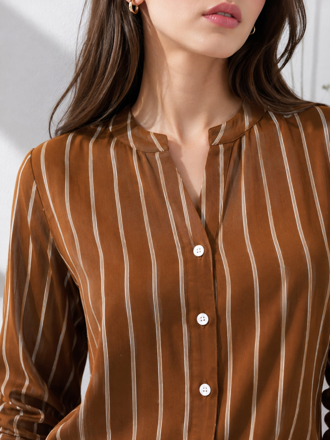 Clobug Women Stripe Full Sleeve Brown Top