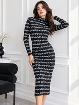 Clobug Women's Printed High-Neck Long Sleeve Bodycon Midi Dress