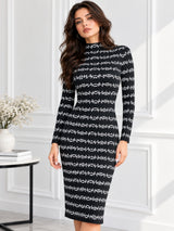 Clobug Women's Printed High-Neck Long Sleeve Bodycon Midi Dress