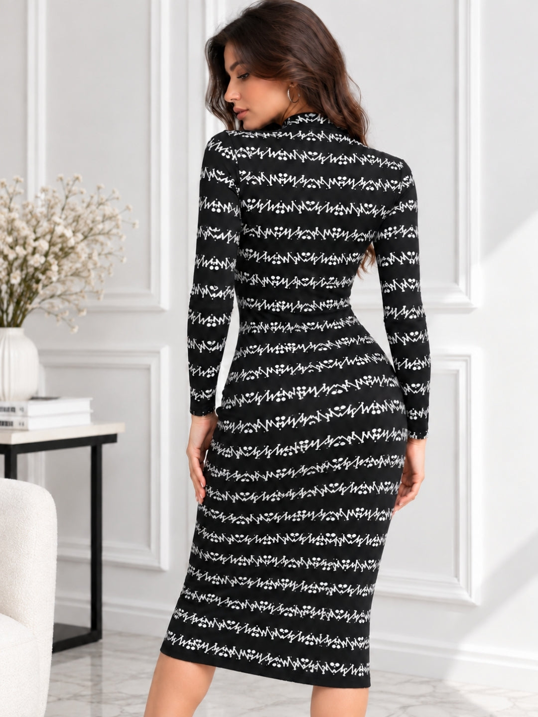 Clobug Women's Printed High-Neck Long Sleeve Bodycon Midi Dress