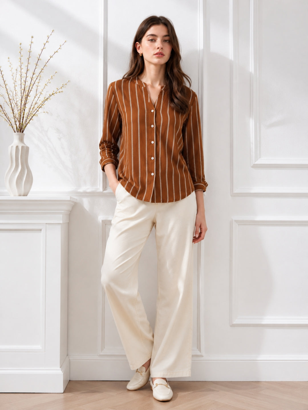 Clobug Women Stripe Full Sleeve Brown Top