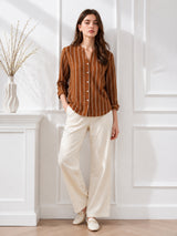 Clobug Women Stripe Full Sleeve Brown Top