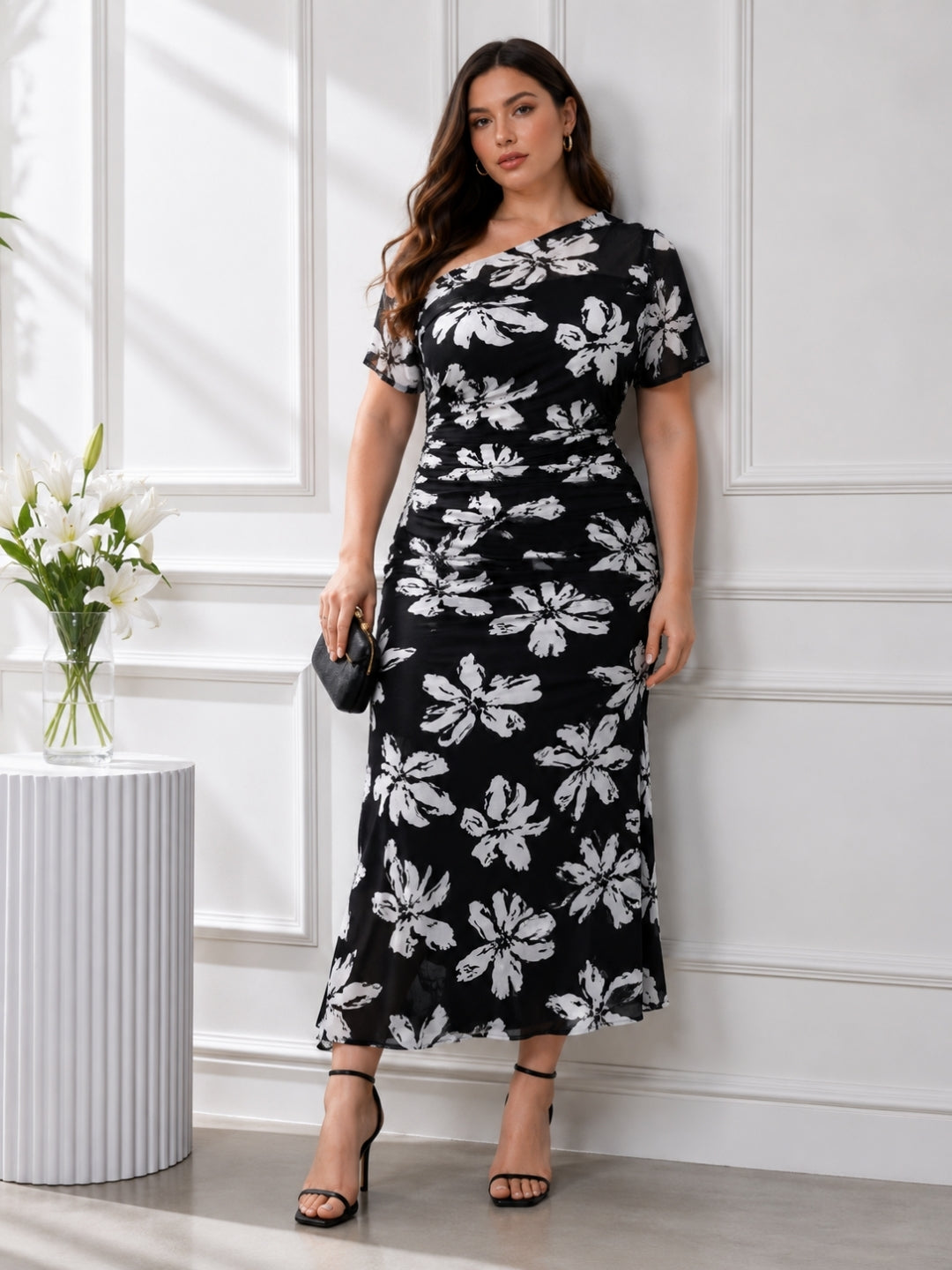 Women’s Plus Size Floral Print One Shoulder Dress