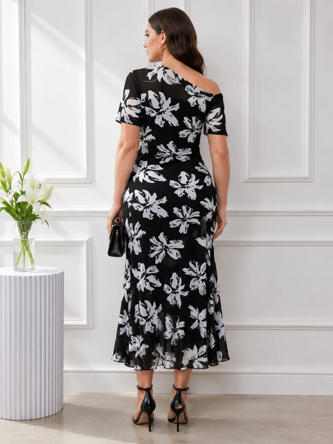 Women’s Plus Size Floral Print One Shoulder Dress