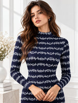 Clobug Women's Printed High-Neck Long Sleeve Bodycon Midi Dress