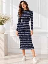 Clobug Women's Printed High-Neck Long Sleeve Bodycon Midi Dress