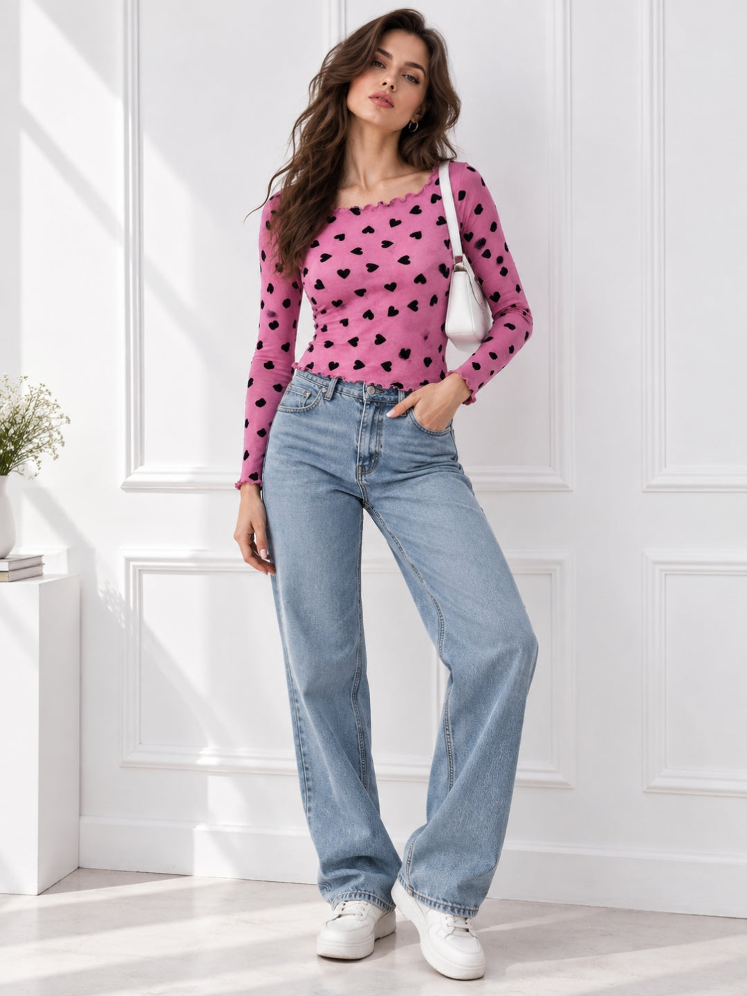 Women Heart Print Round Neck Top