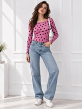 Women Heart Print Round Neck Top