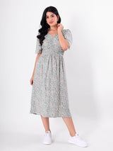 Floral Print A - Line Midi Dress With Butterfly Sleeve