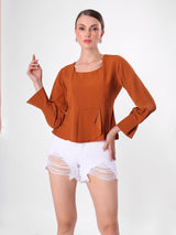 Argan Brown Solid Peplum Top