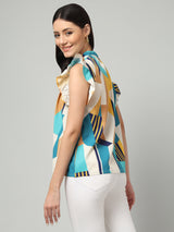 Clobug Women High Neck Printed Ruffle Sleeve Crepe Top