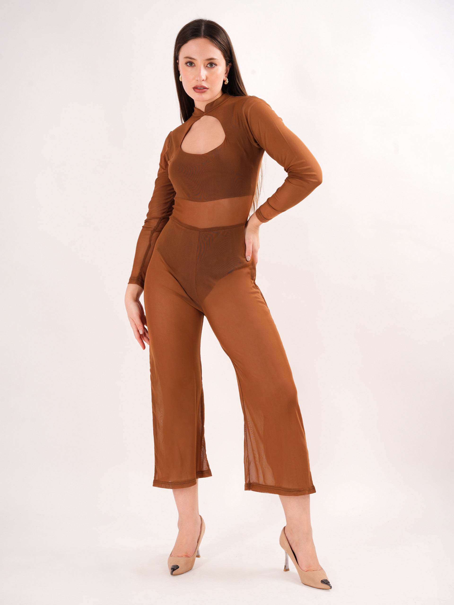 Sheer Brown keyhole Neck Jumpsuit