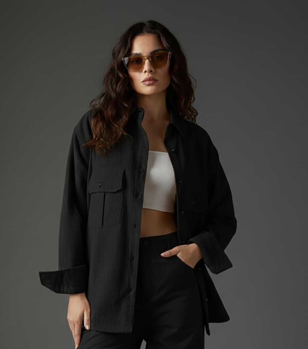 Clobug Women Full Sleeve Oversized Corduroy Shirt