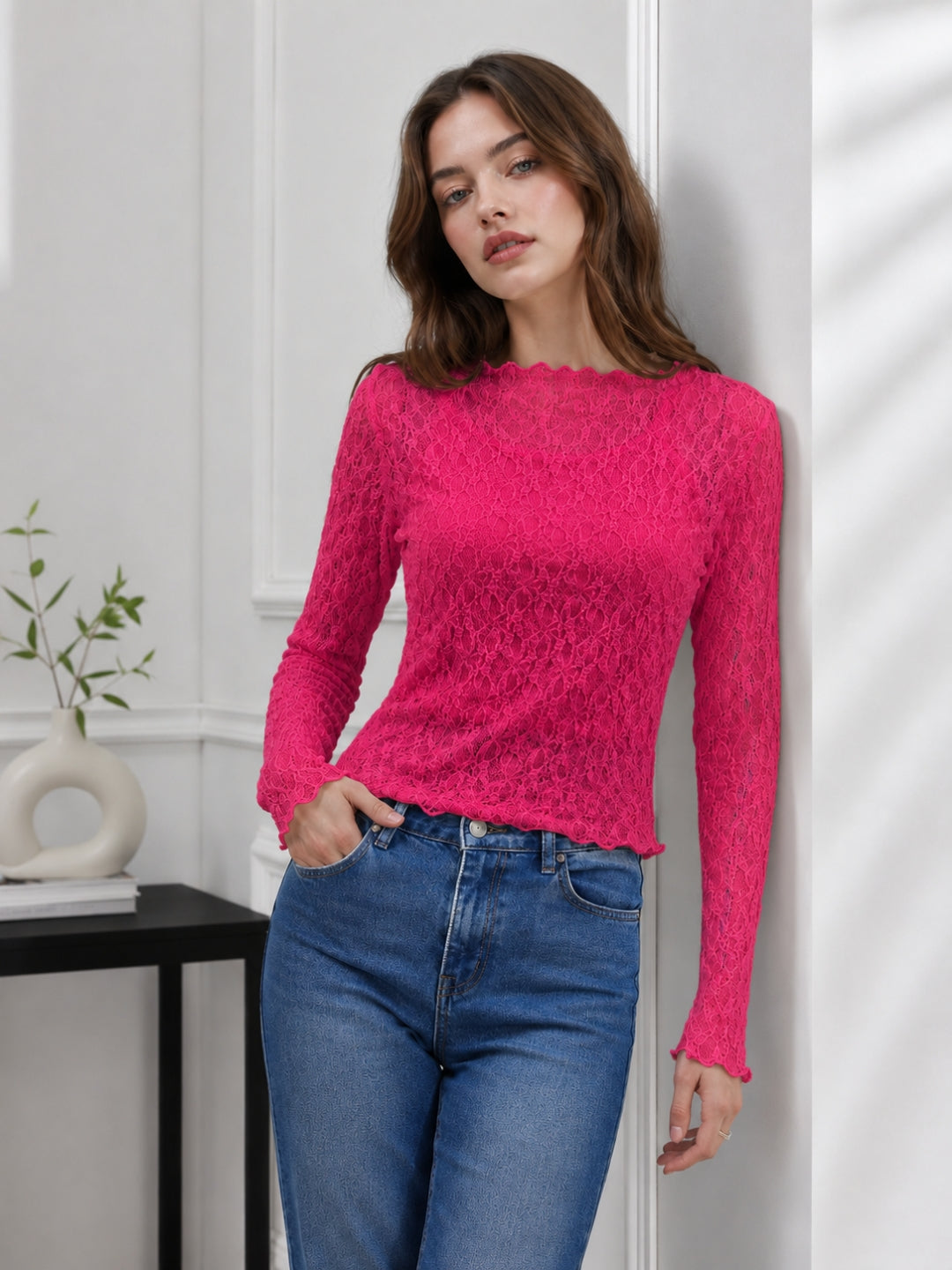 Clobug Women Boat Neck Net Top