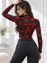 Clobug Women Floral Print High-Neck Long Sleeve Crop Top