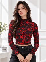 Clobug Women Floral Print High-Neck Long Sleeve Crop Top