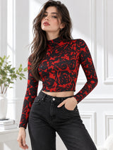 Clobug Women Floral Print High-Neck Long Sleeve Crop Top