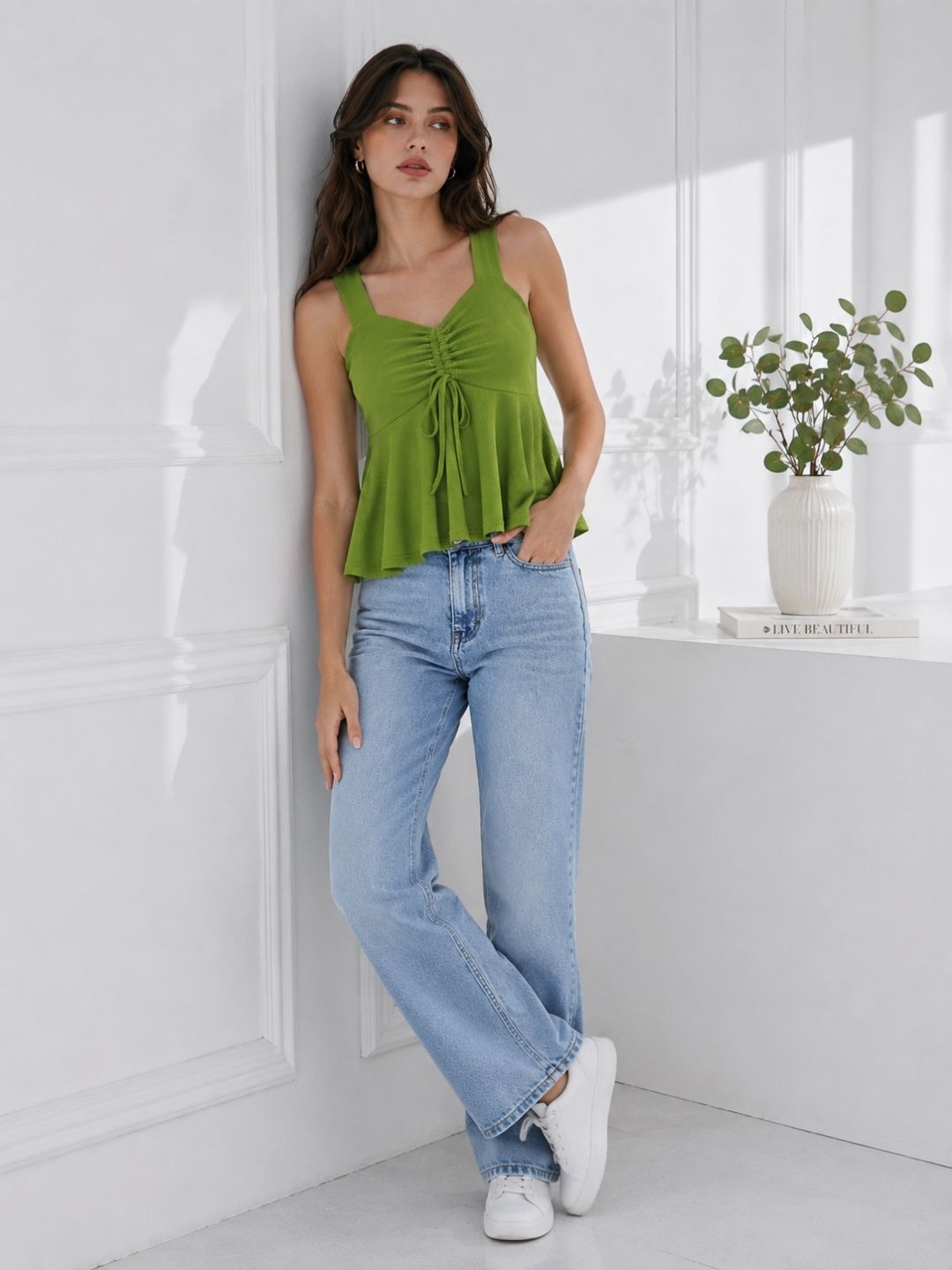 Women's Green Ribbed Peplum Sleeveless Top