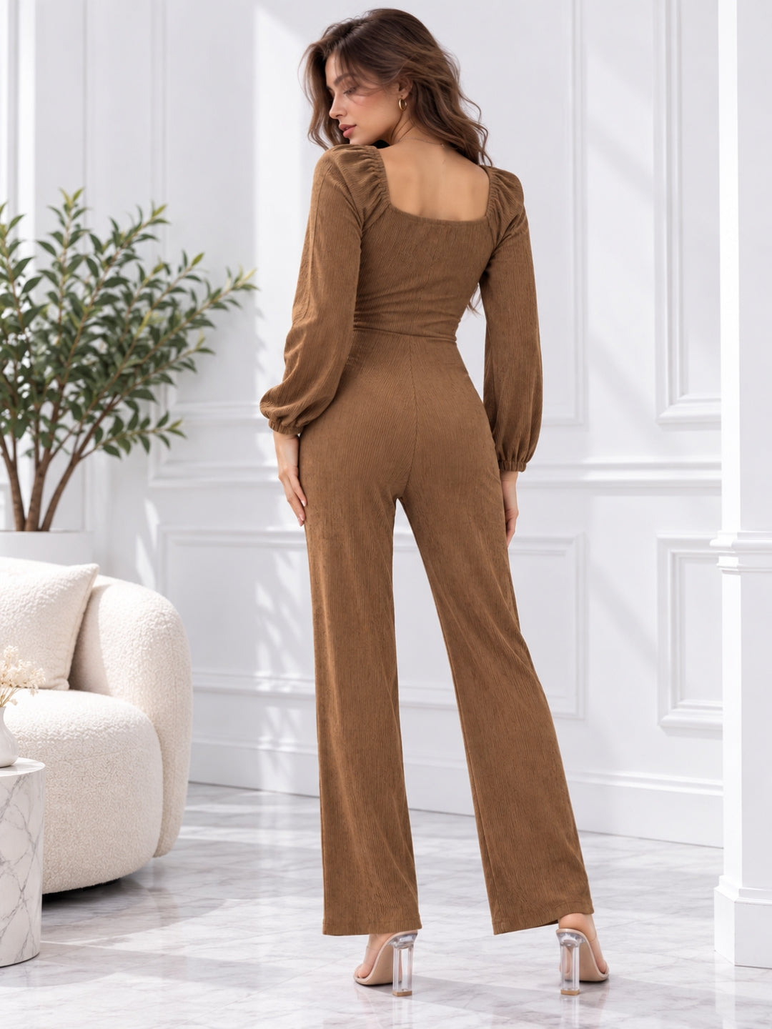Clobug Women Solid Cotton Blend Sweetheart Neck Full Sleeve Jumpsuit