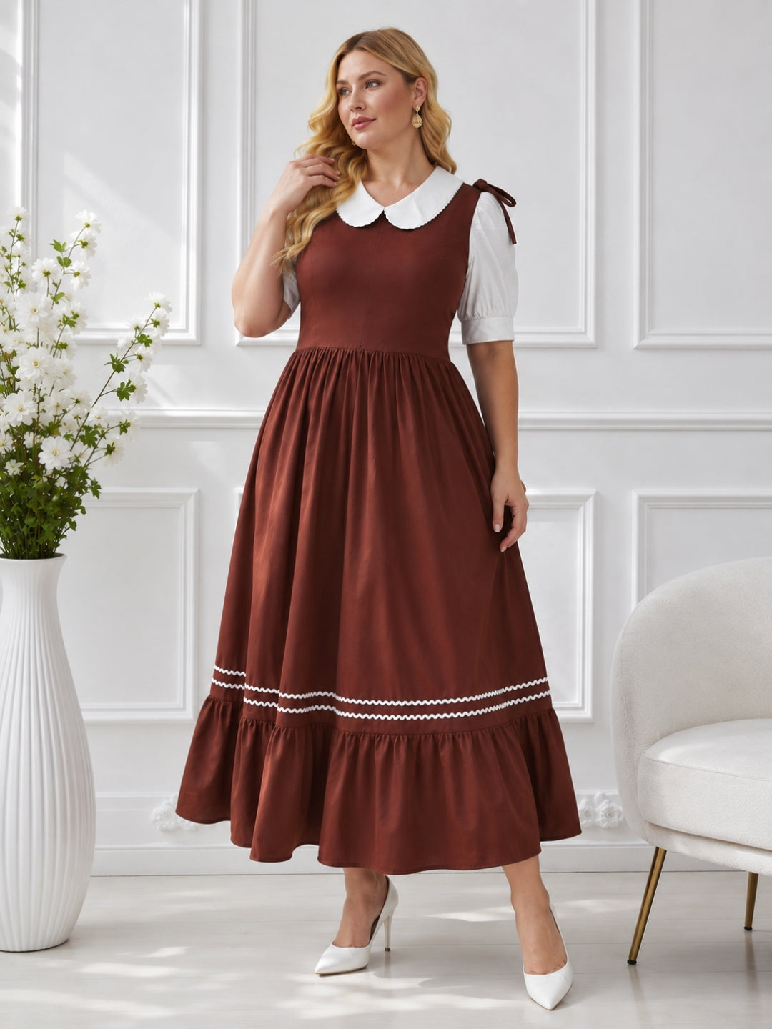 Women's Brown Plus Size Midi Dress