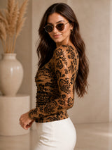 Clobug Women Beige Floral Mesh Long Sleeve Top