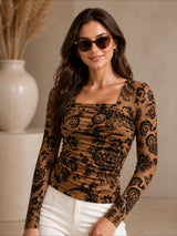 Clobug Women Beige Floral Mesh Long Sleeve Top