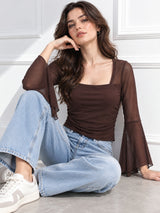 Clobug Women Brown Full Sleeve Crop Top