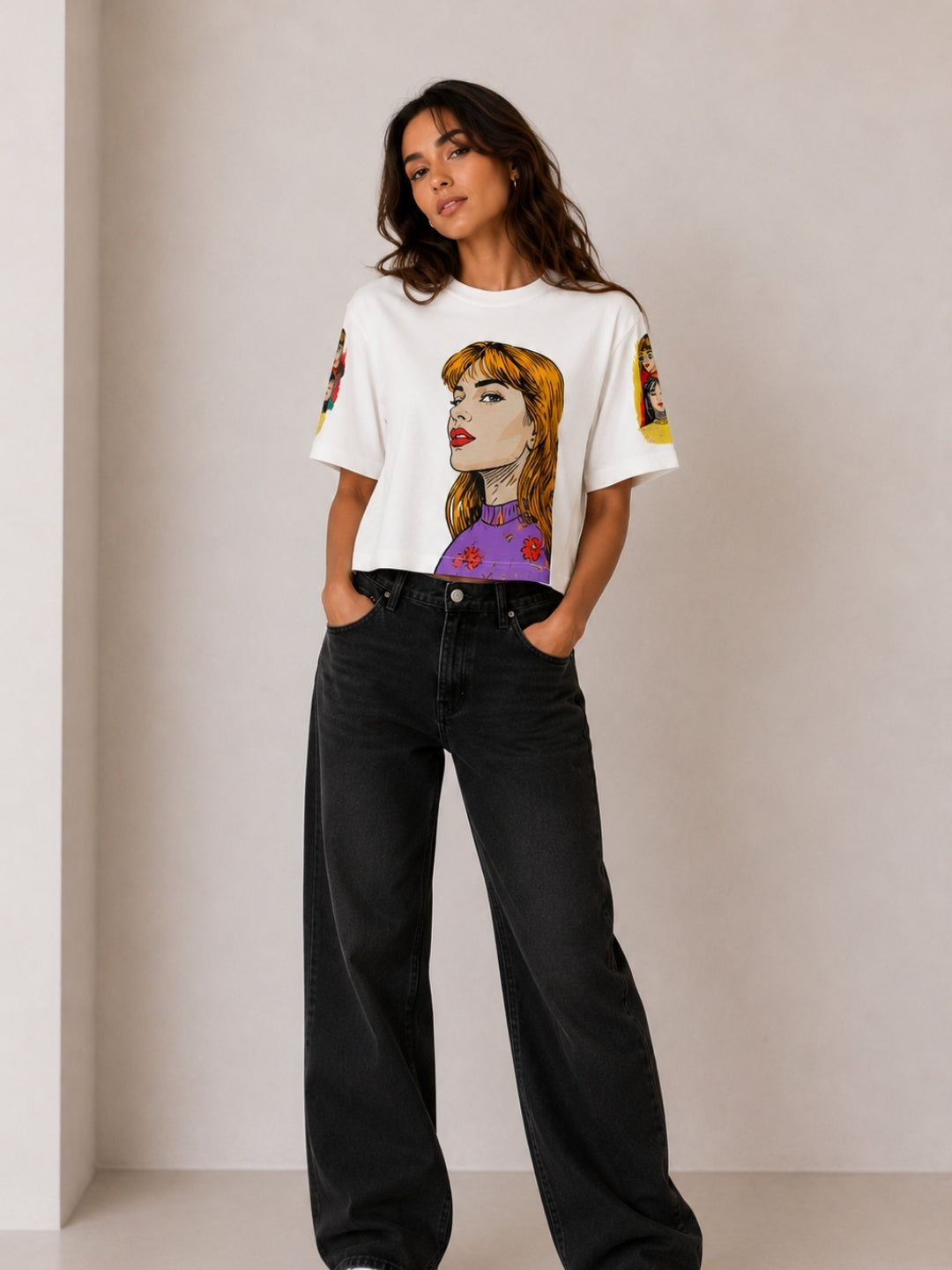 Clobug Women Pop Art Graphic Multi Crop T-Shirt