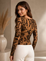 Clobug Women Beige Floral Mesh Long Sleeve Top