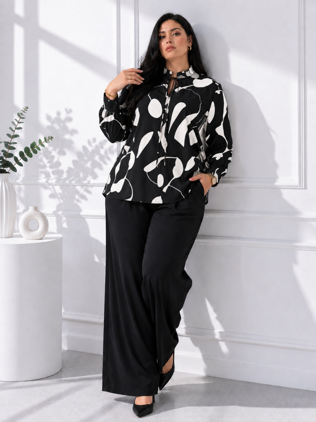 Women's Beige Abstract Print Tie-Neck Top