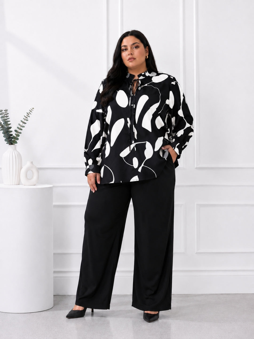 Women's Beige Abstract Print Tie-Neck Top