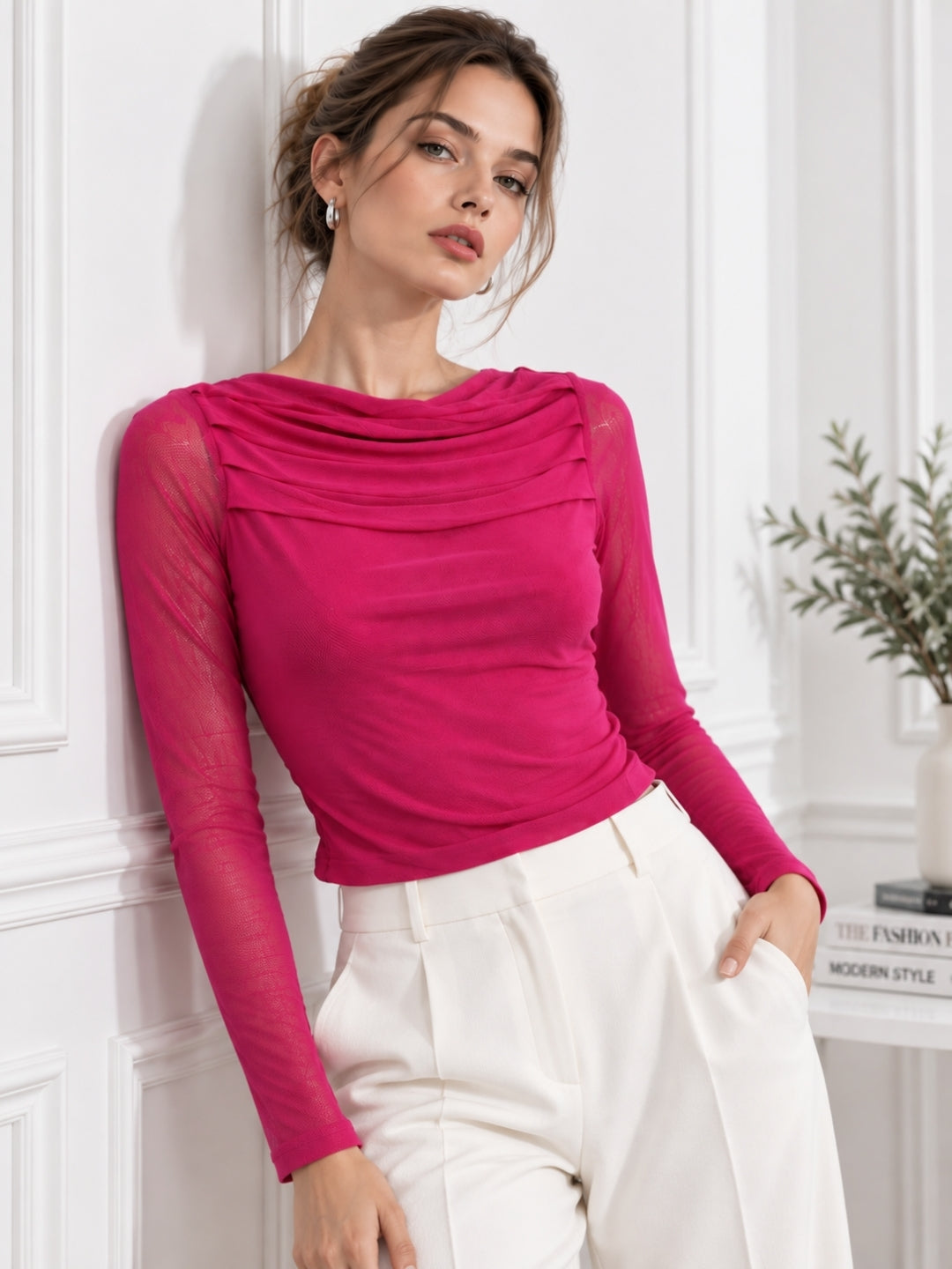 Clobug Women Pink Full Sleeve Mesh Top