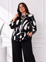 Women's Beige Abstract Print Tie-Neck Top